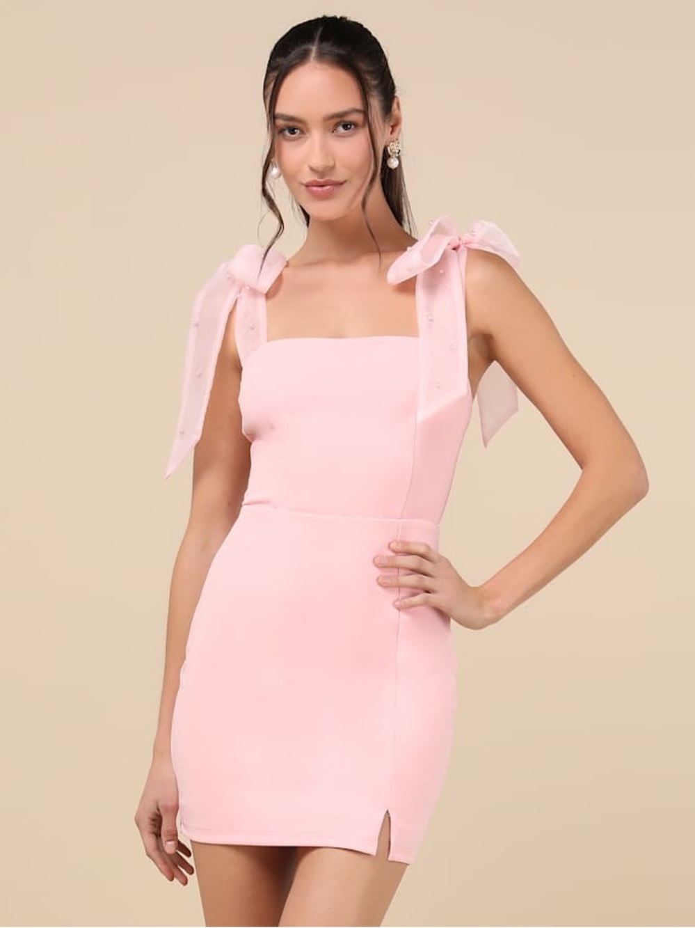 LULU'S Beaming Perfection Pink
Pearl Organza Tie-Strap Mini
Dress